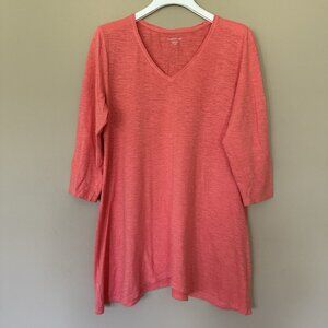 Eileen Fisher Women M Hemp Organic Cotton Tunic Top V Neck 3/4 Sleeve Coral